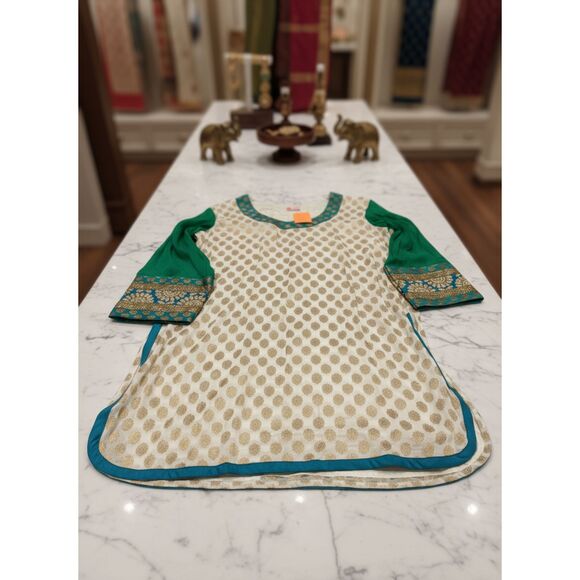 Fuchsia Designs Embroidered Kurta Tunic XXL White Teal Gold Brocade NWT - Picture 2 of 9